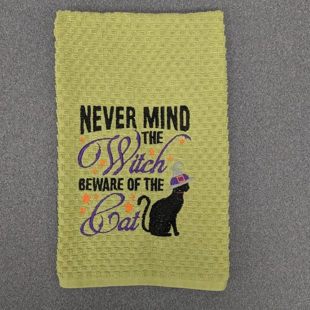 Never Mind the Witch Beware of The Cat Halloween Fall Kitchen Bar Hand Tea Towel